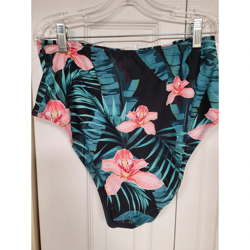 Cupshe Tropical Floral High Waisted Bikini Bottom Pink Orchid Leaves XL NWT